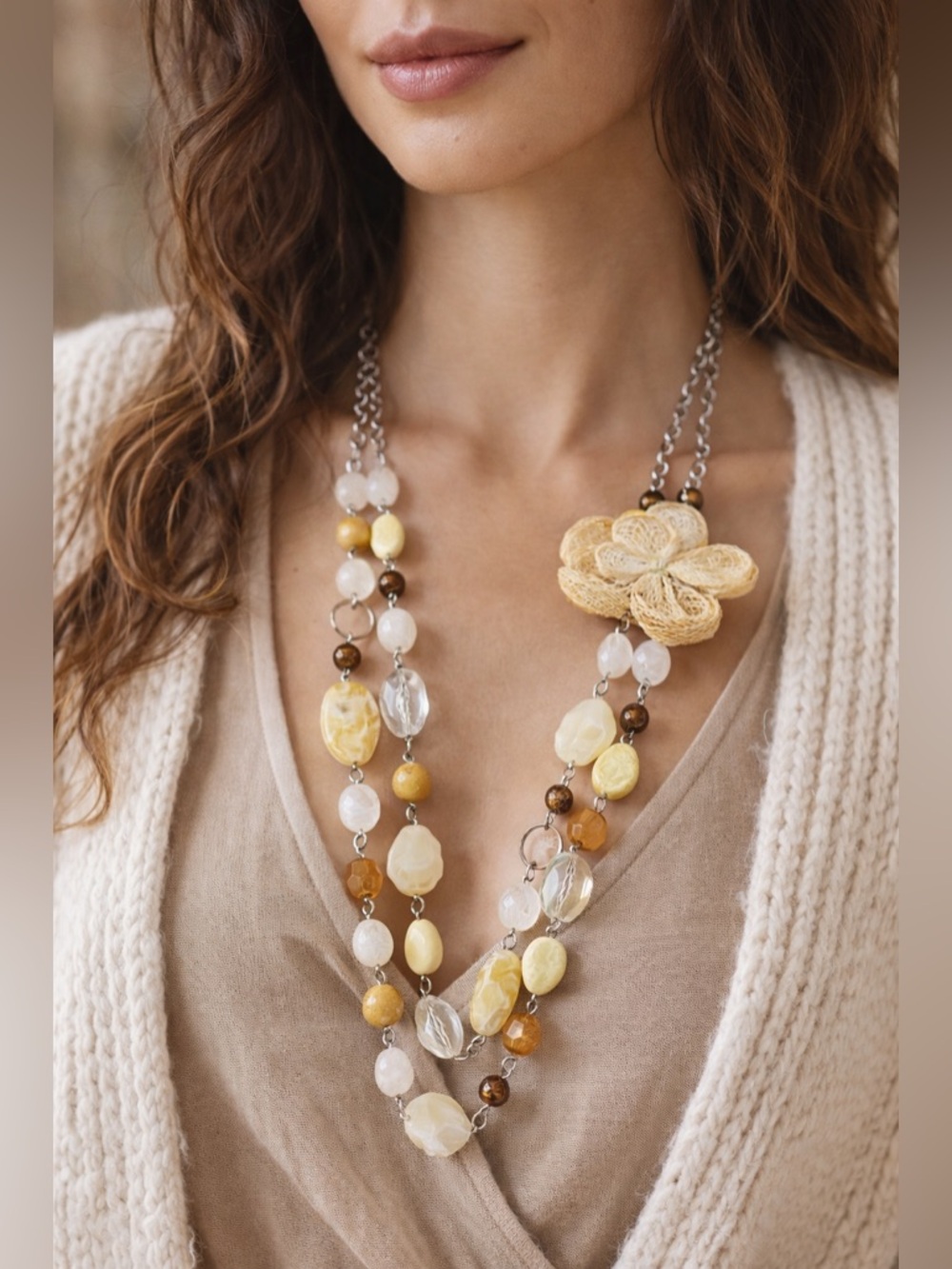NY Statement Necklace Double Layer Beaded 36” + Extender Neutral Boho Luxe